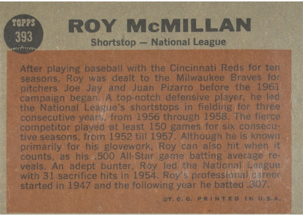 1962 Topps #393 Roy McMillan card back