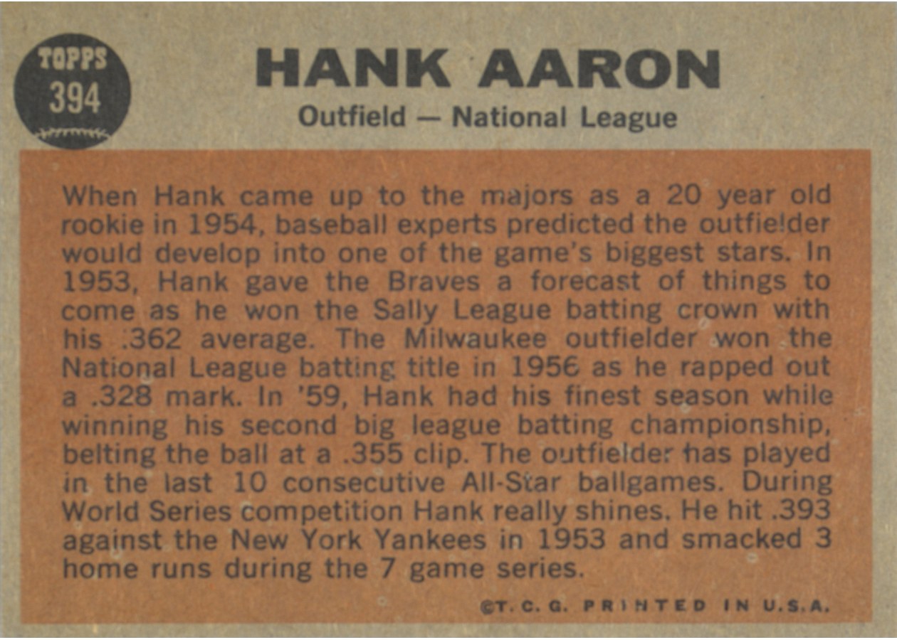 1962 Topps #394 Hank Aaron card back
