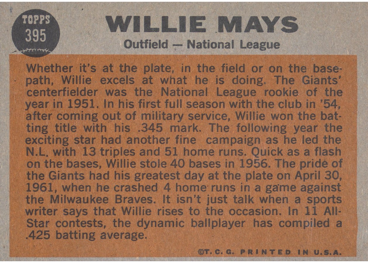 1962 Topps #395 Willie Mays card back