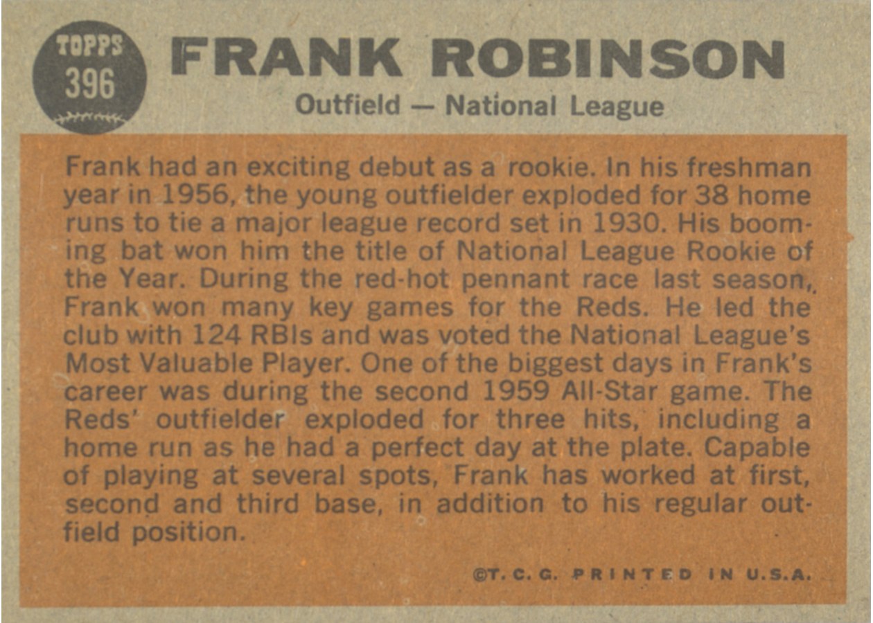 1962 Topps #396 Frank Robinson card back