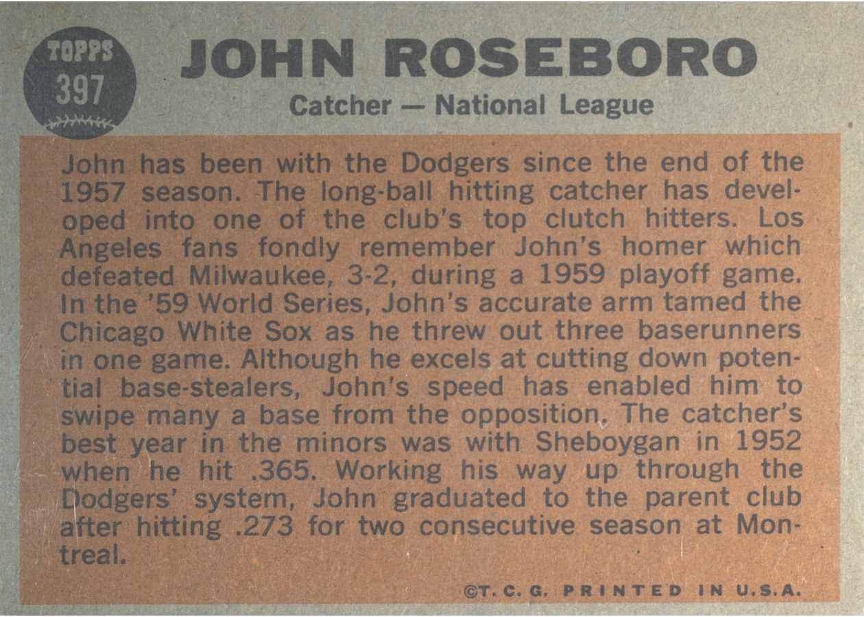 1962 Topps #397 John Roseboro card back