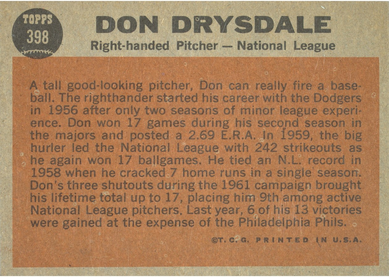 1962 Topps #398 Don Drysdale card back