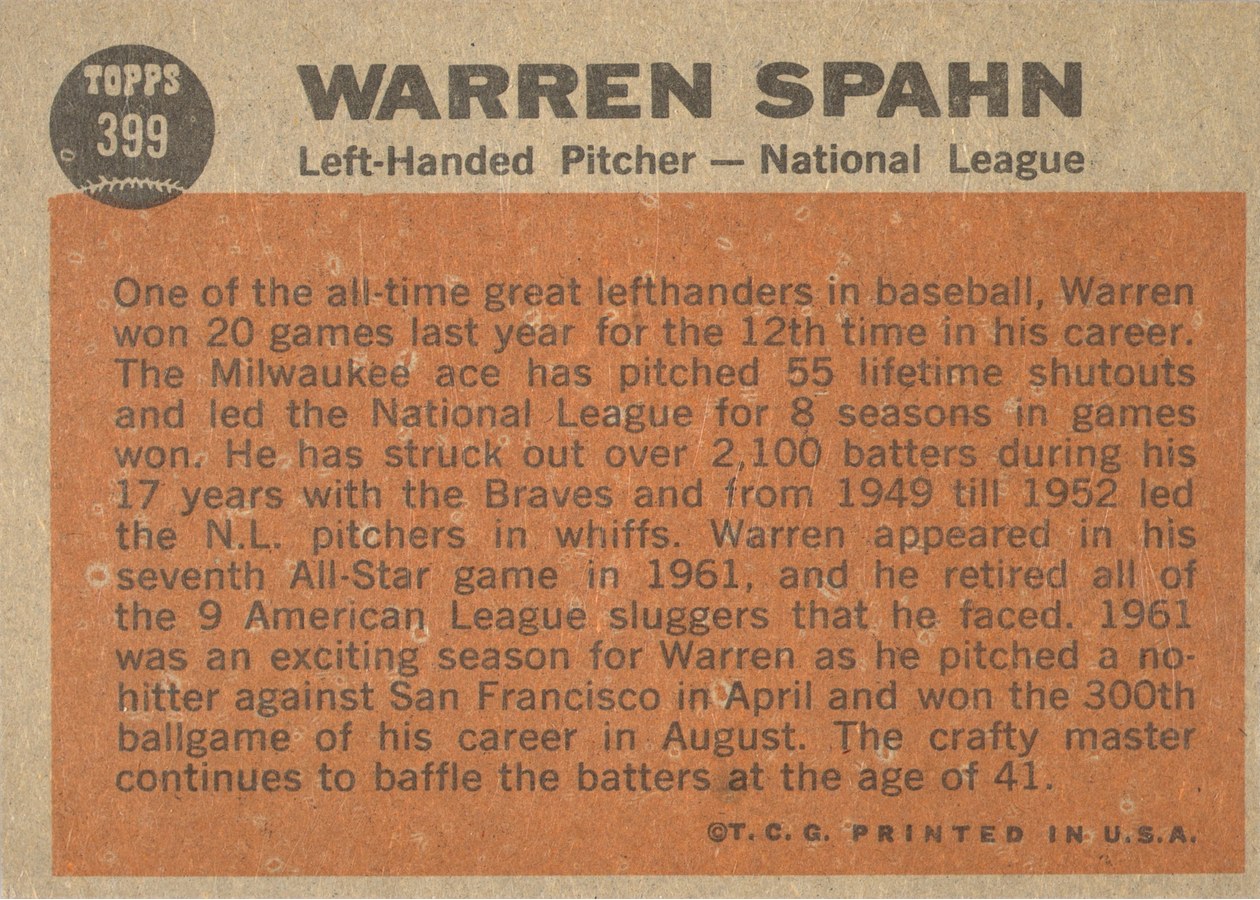 1962 Topps #399 Warren Spahn card back