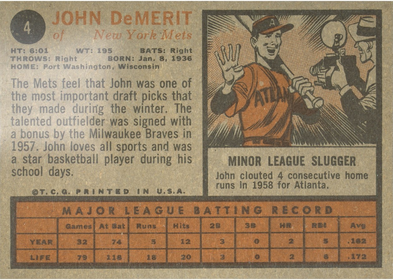1962 Topps #4 John DeMerit card back