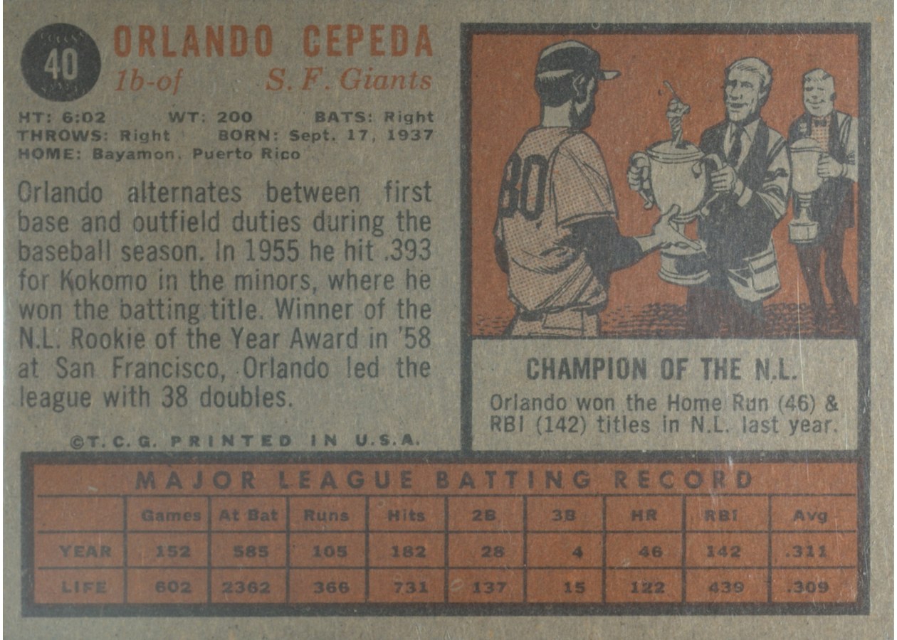 1962 Topps #40 Orlando Cepeda card back