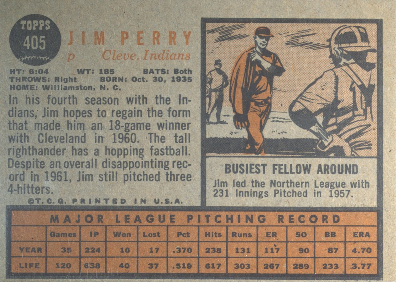 1962 Topps #405 Jim Perry card back