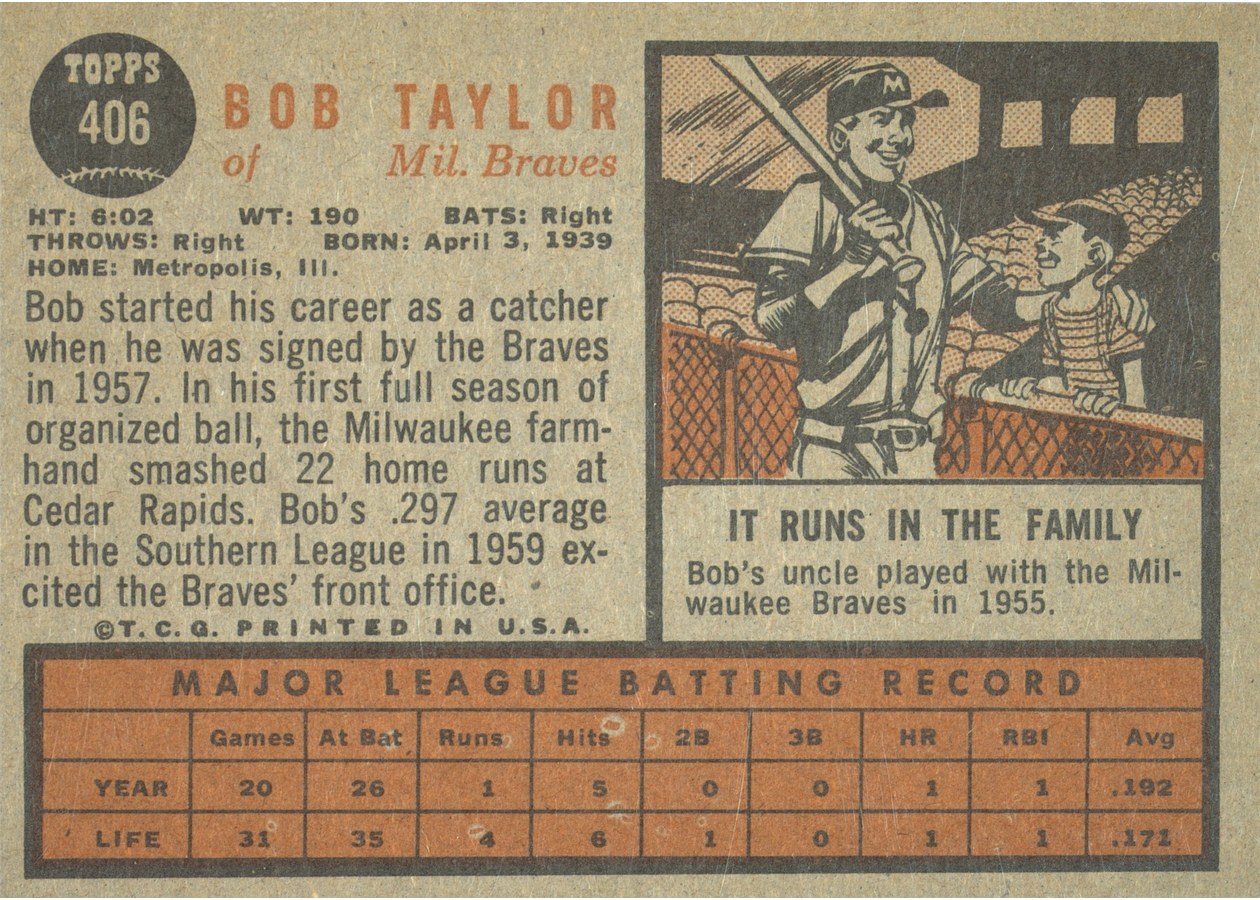 1962 Topps #406 Bob Taylor card back