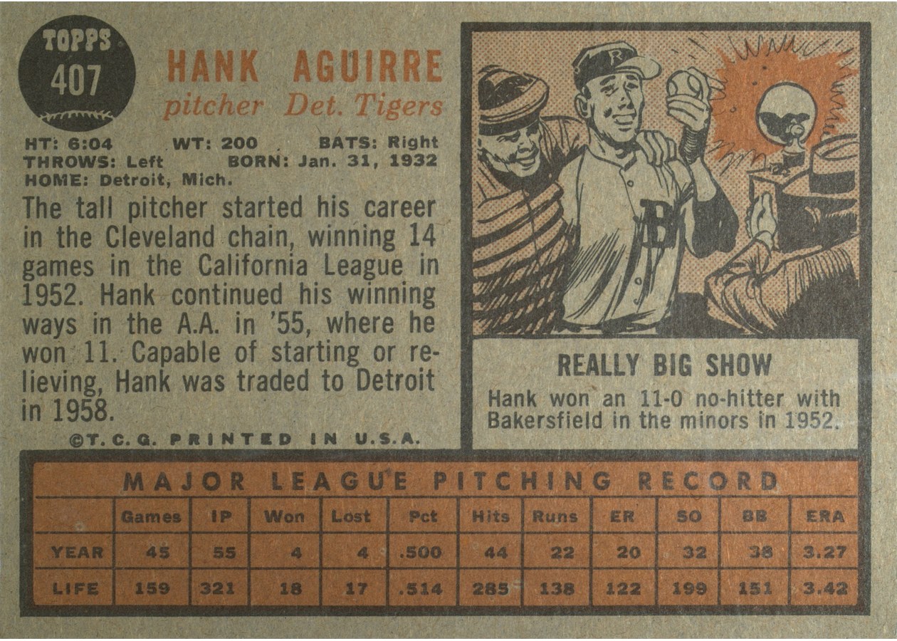 1962 Topps #407 Hank Aguirre card back