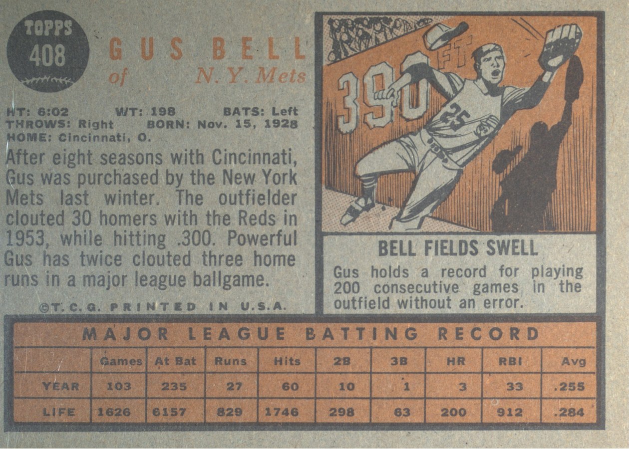 1962 Topps #408 Gus Bell card back
