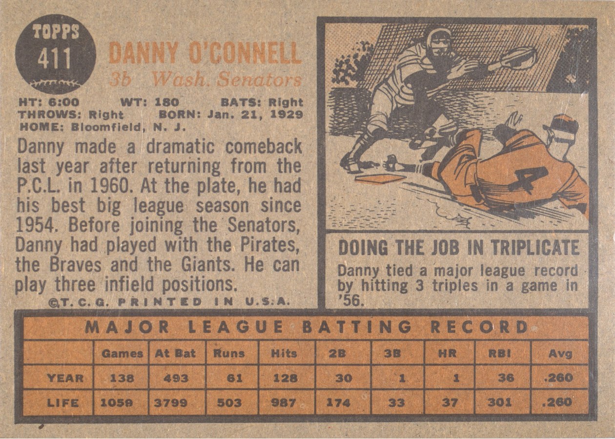 1962 Topps #411 Danny O'Connell card back