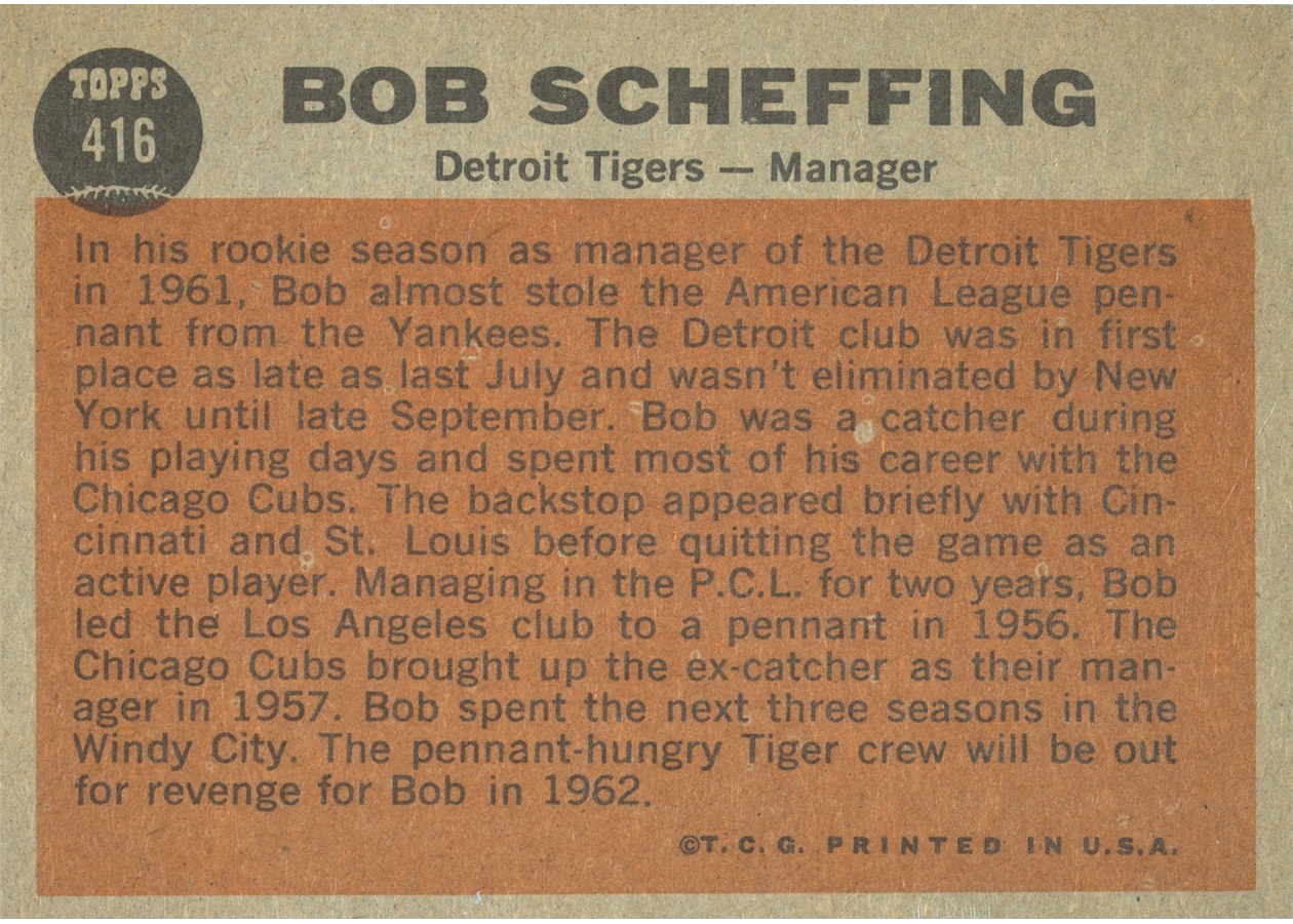 1962 Topps #416 Bob Scheffing card back