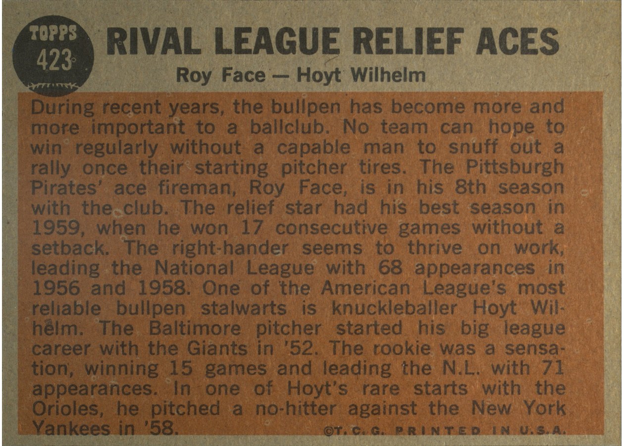 1962 Topps #423 Rival League Relief Aces card back