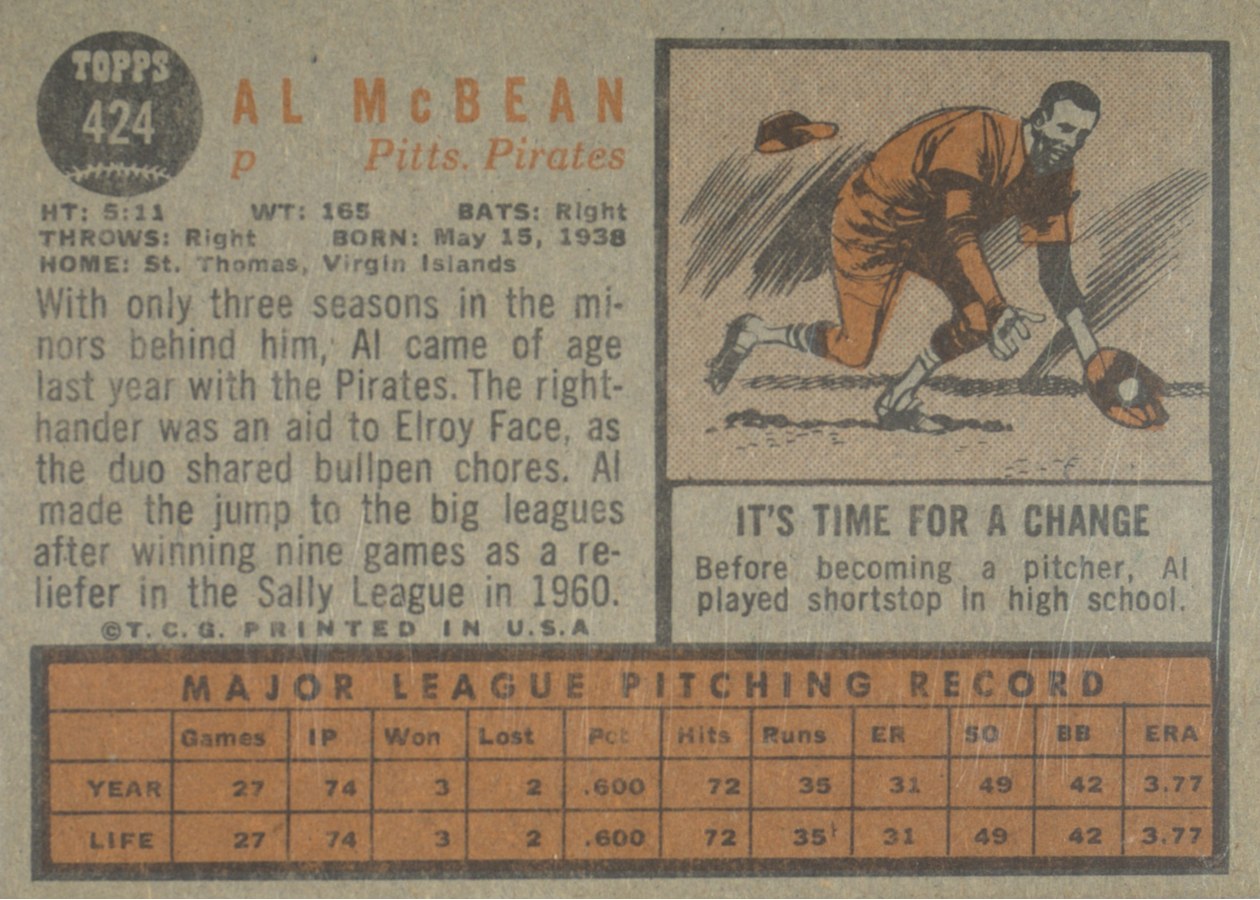 1962 Topps #424 Al McBean card back
