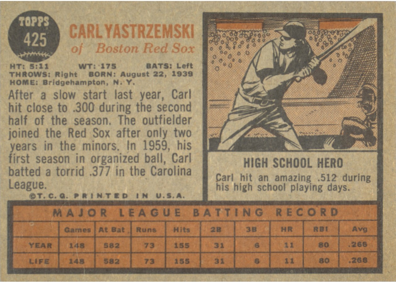 1962 Topps #425 Carl Yastrzemski card back