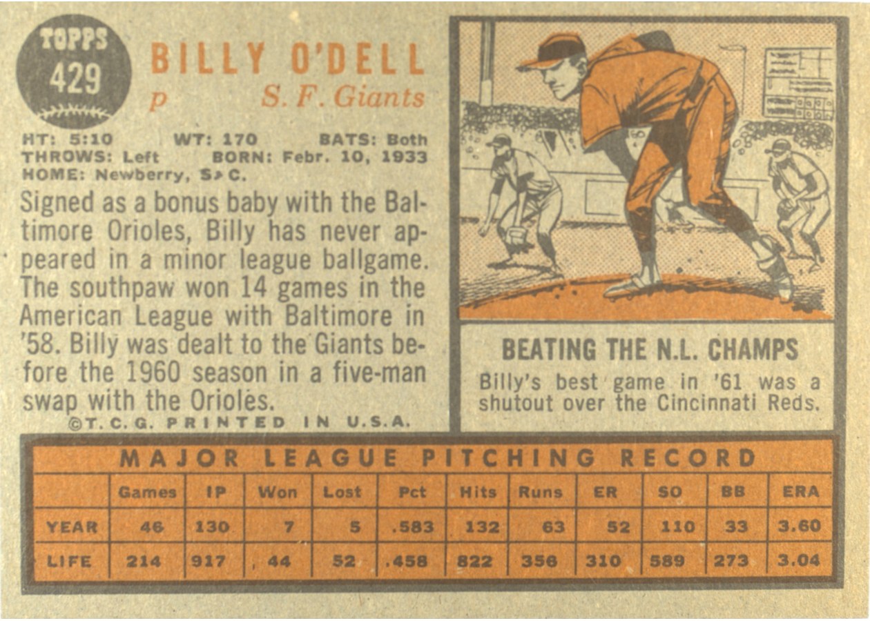 1962 Topps #429 Billy O'Dell card back