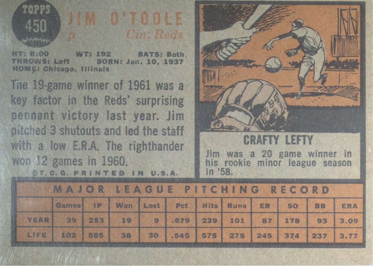 1962 Topps #450 Jim O'Toole card back
