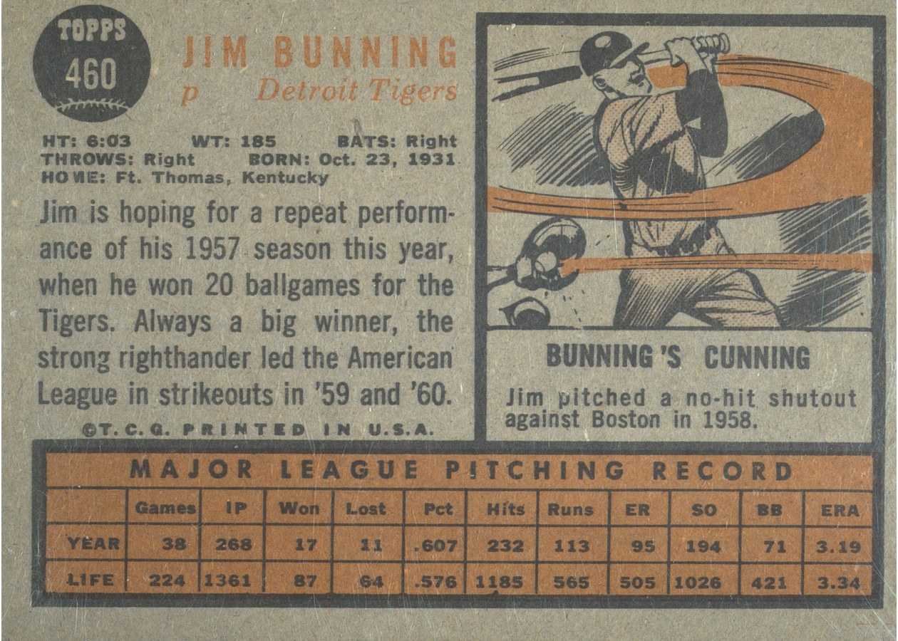1962 Topps #460 Jim Bunning card back
