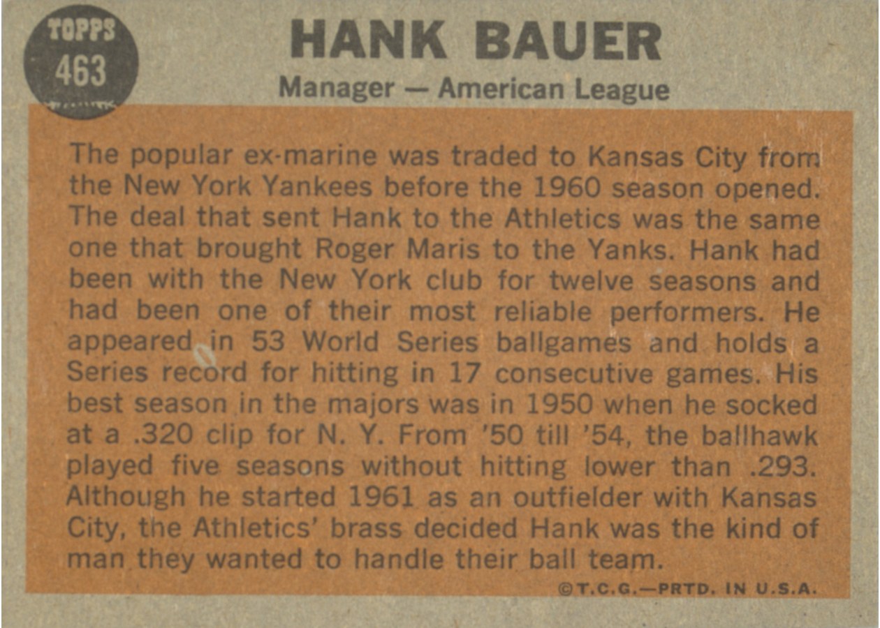 1962 Topps #463 Hank Bauer card back