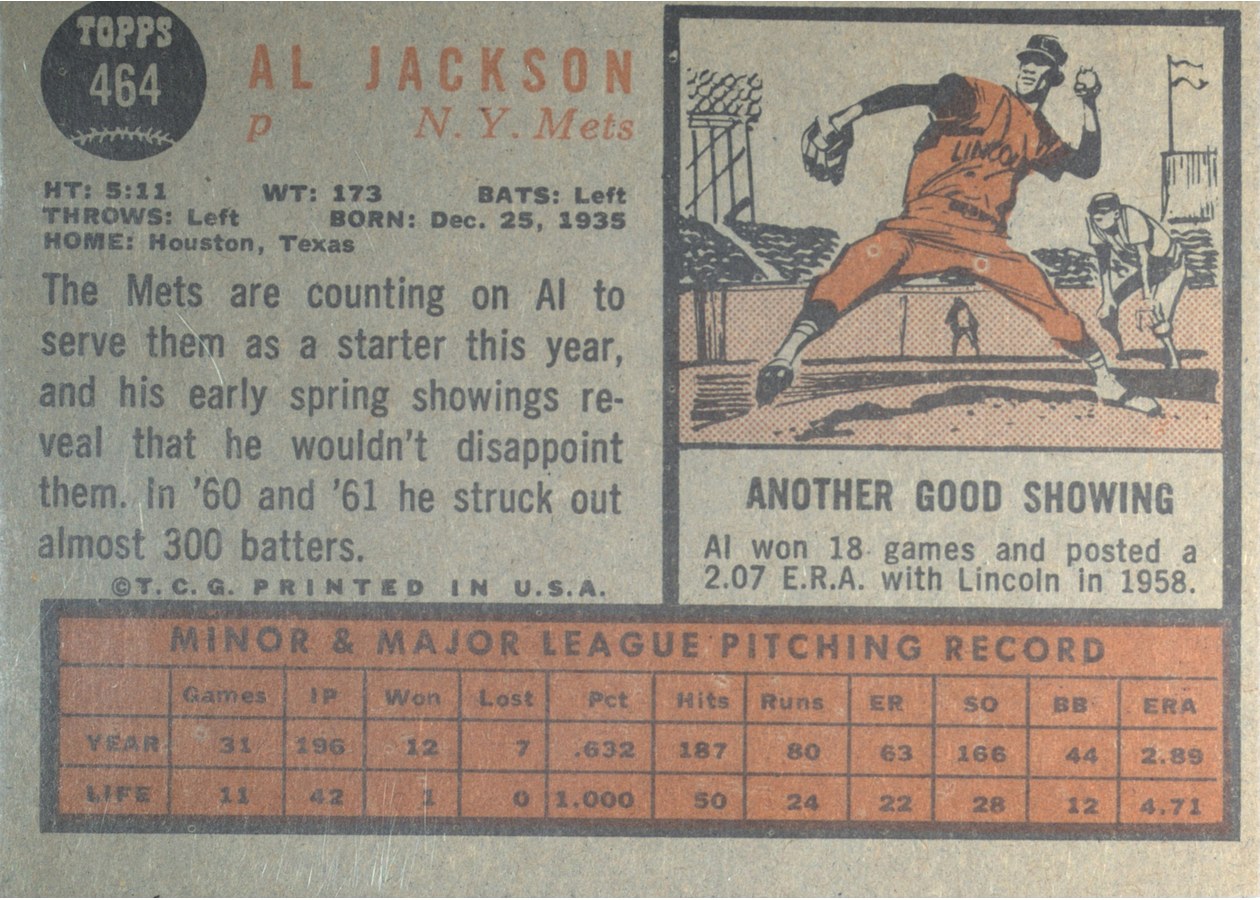 1962 Topps #464 Al Jackson card back