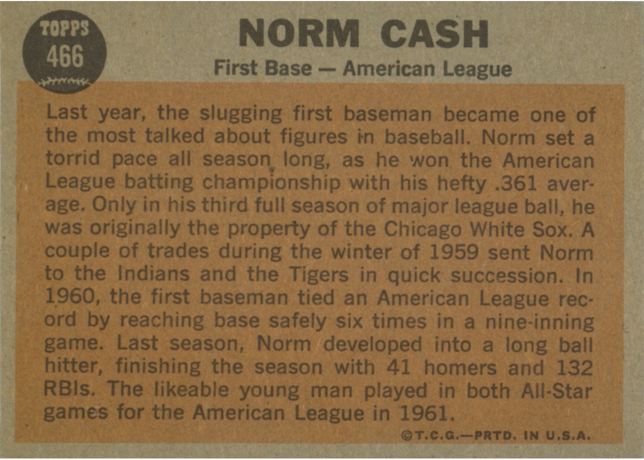 1962 Topps #466 Norm Cash card back
