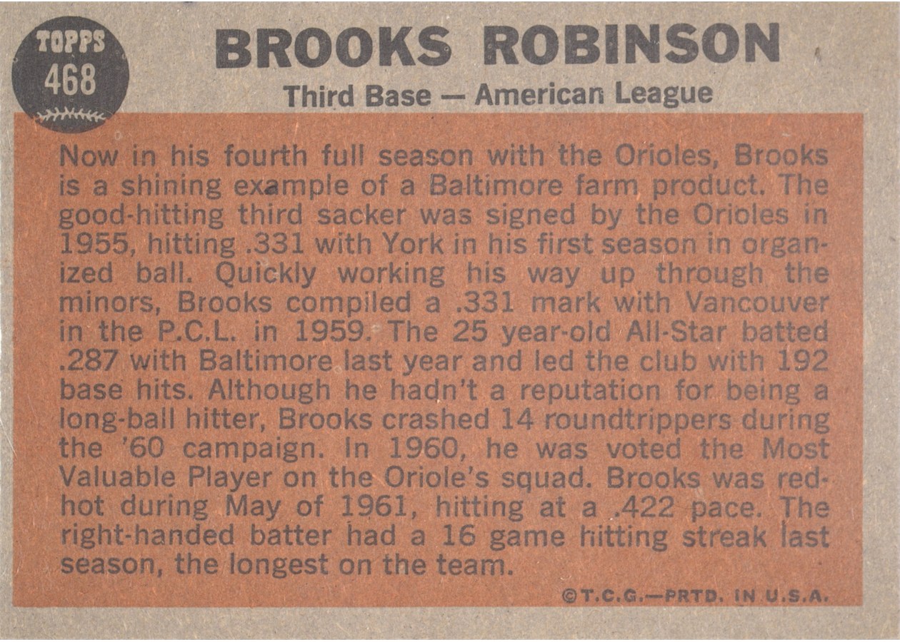 1962 Topps #468 Brooks Robinson card back