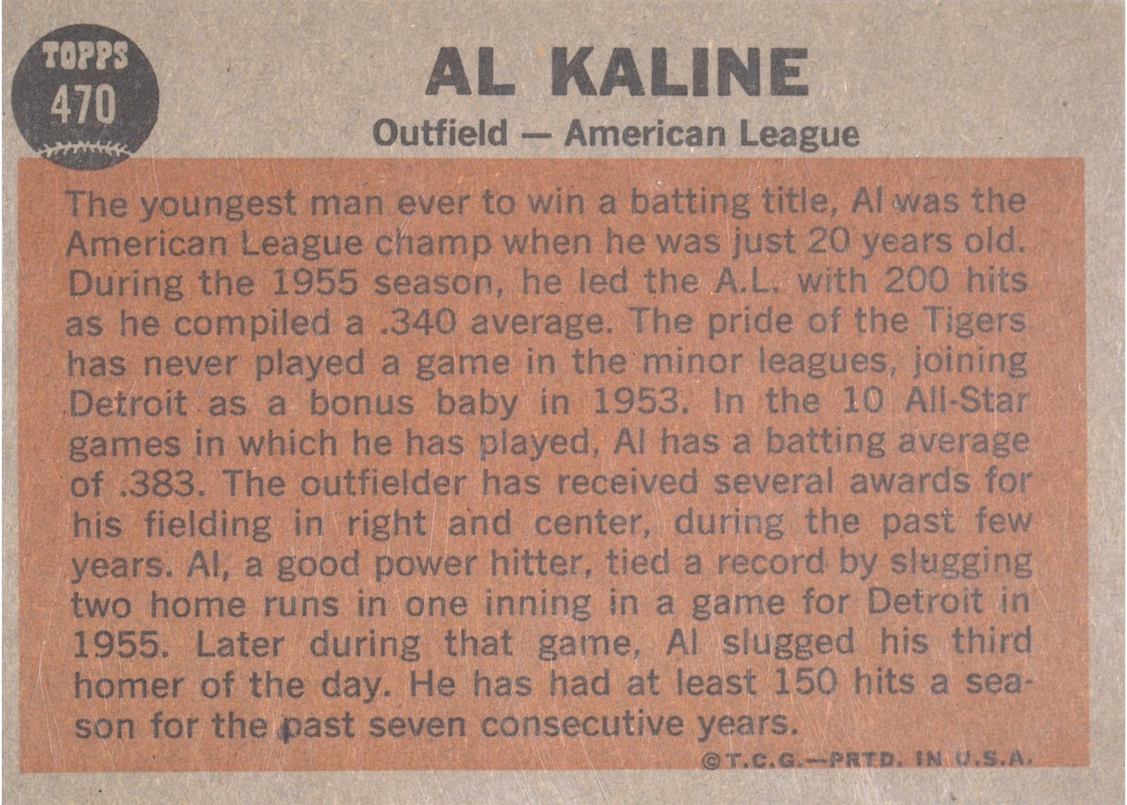 1962 Topps #470 Al Kaline card back