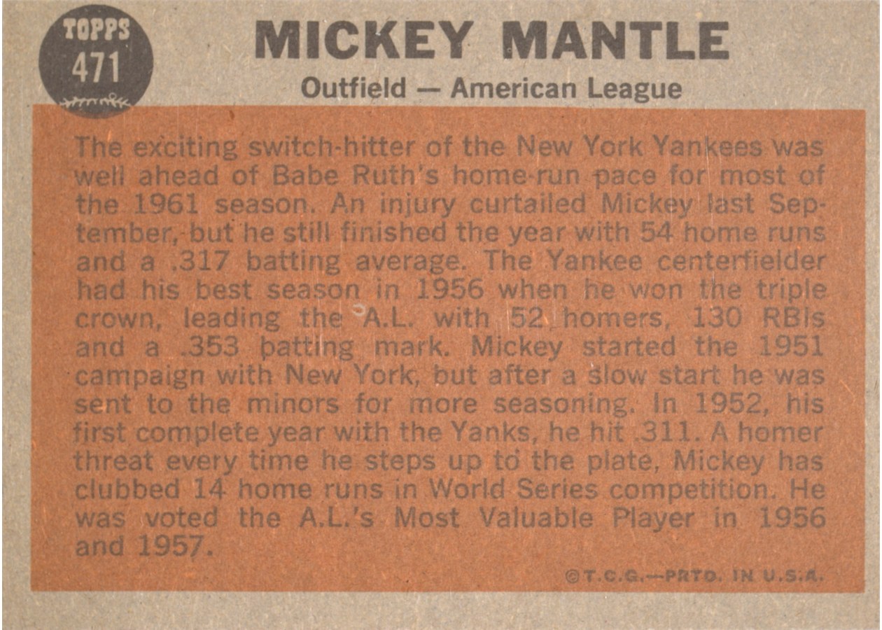 1962 Topps #471 Mickey Mantle card back