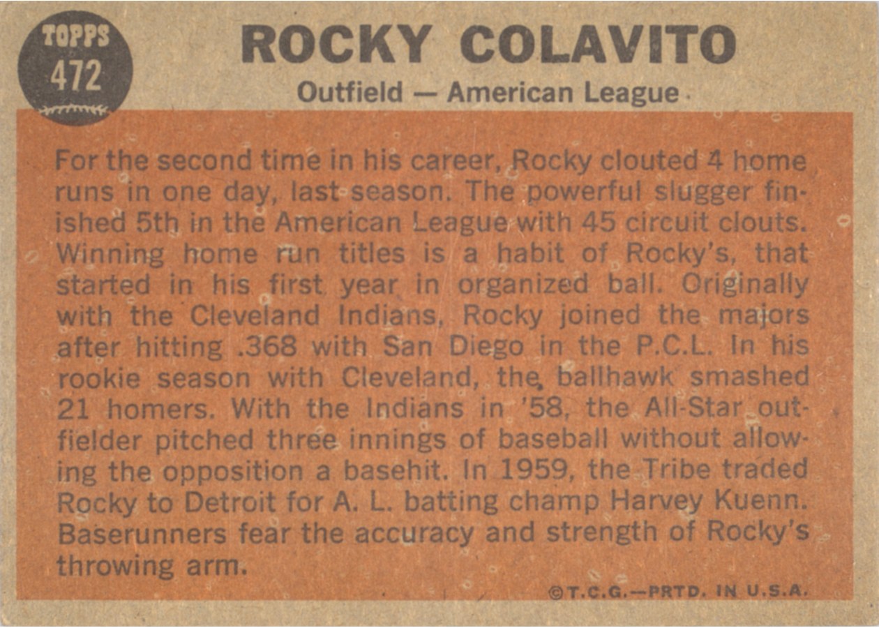 1962 Topps #472 Rocky Colavito card back