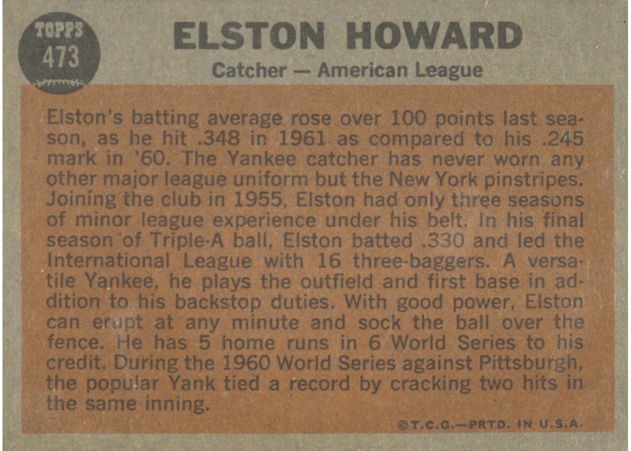 1962 Topps #473 Elston Howard card back