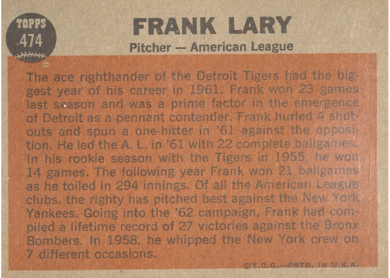 1962 Topps #474 Frank Lary card back
