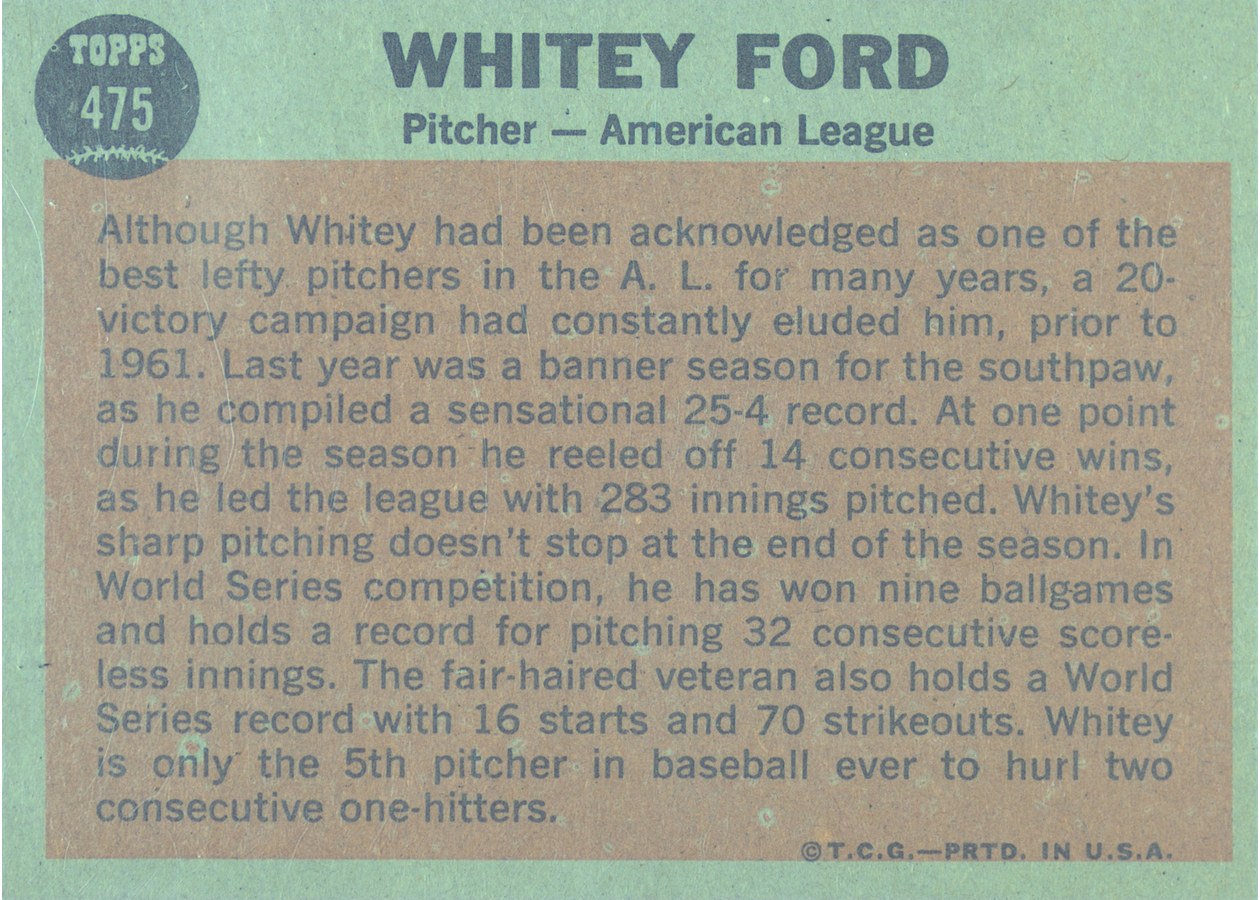 1962 Topps #475 Whitey Ford card back