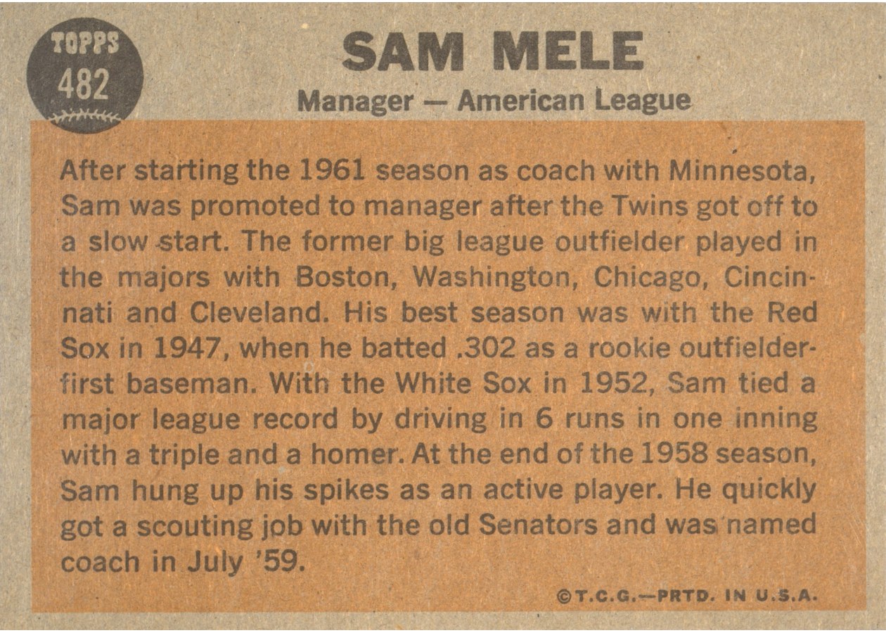 1962 Topps #482 Sam Mele card back