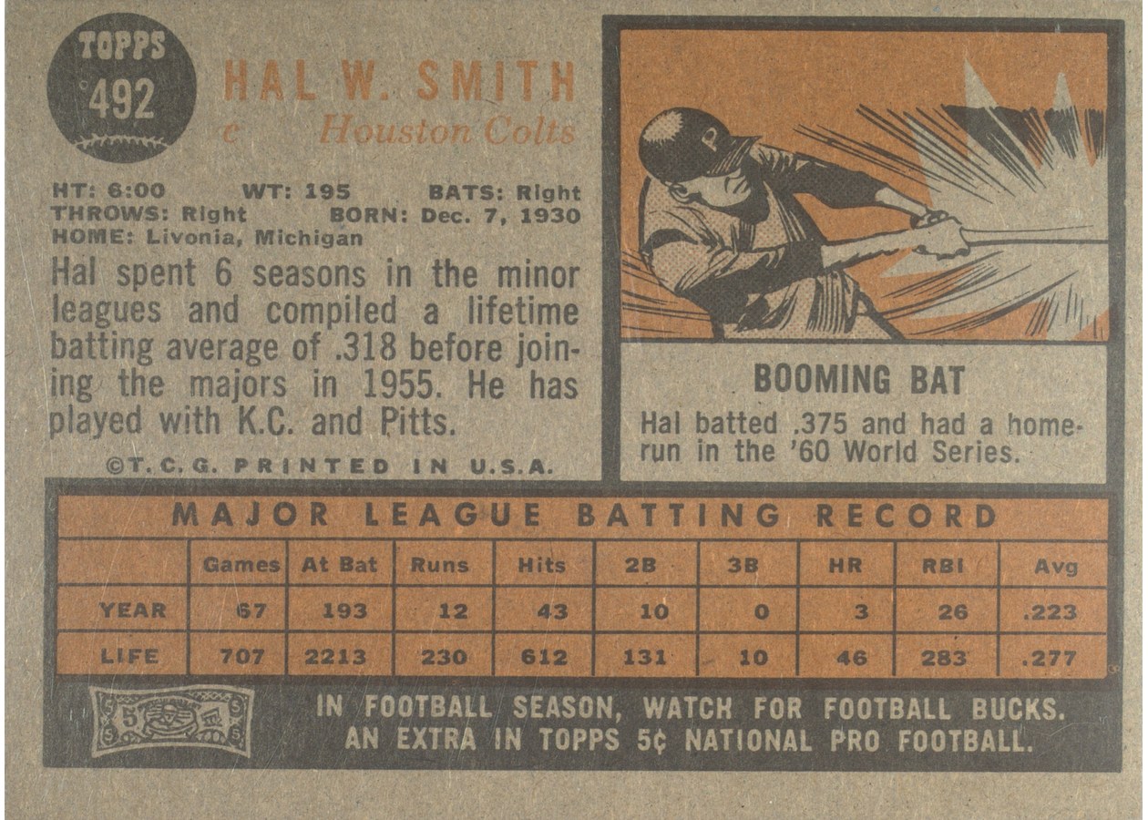 1962 Topps #492 Hal Smith card back