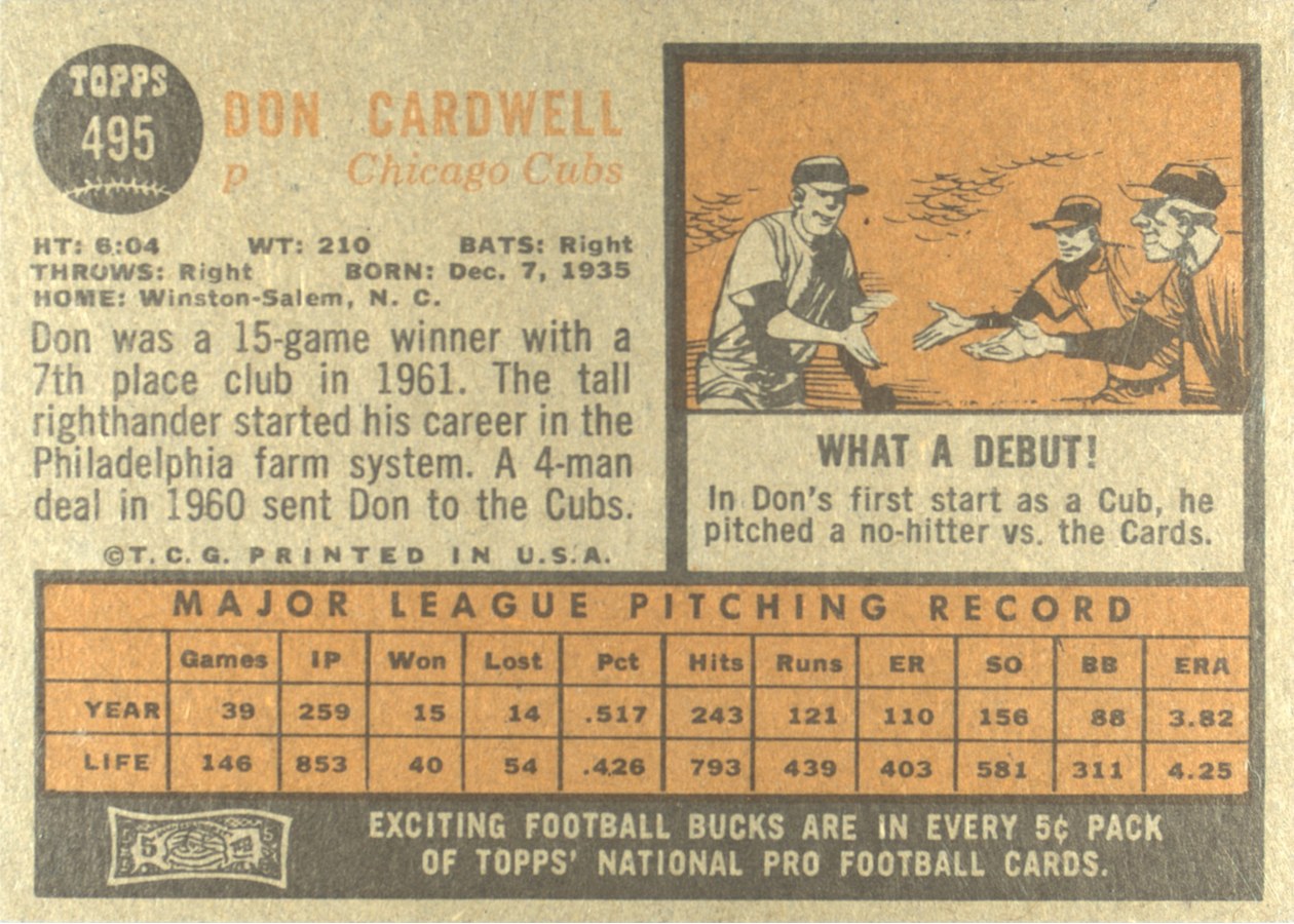 1962 Topps #495 Don Cardwell card back
