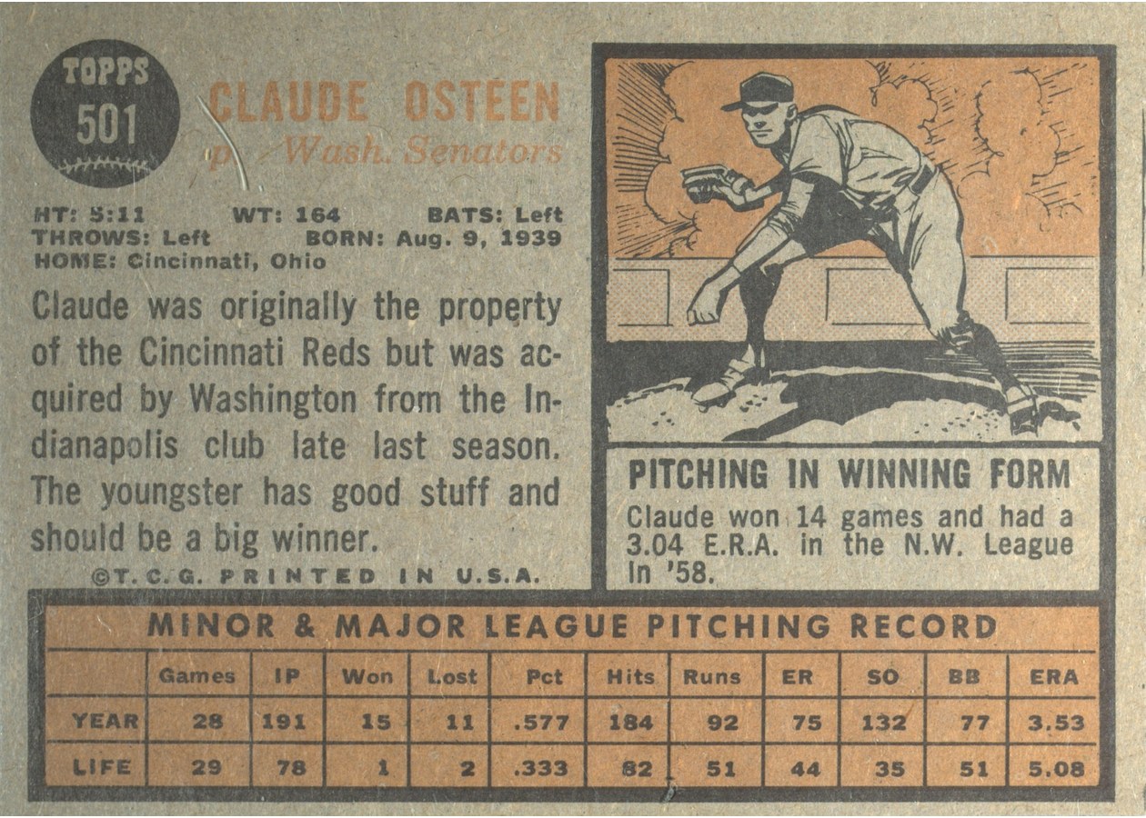 1962 Topps #501 Claude Osteen card back