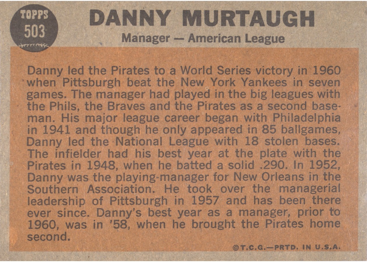 1962 Topps #503 Danny Murtaugh card back