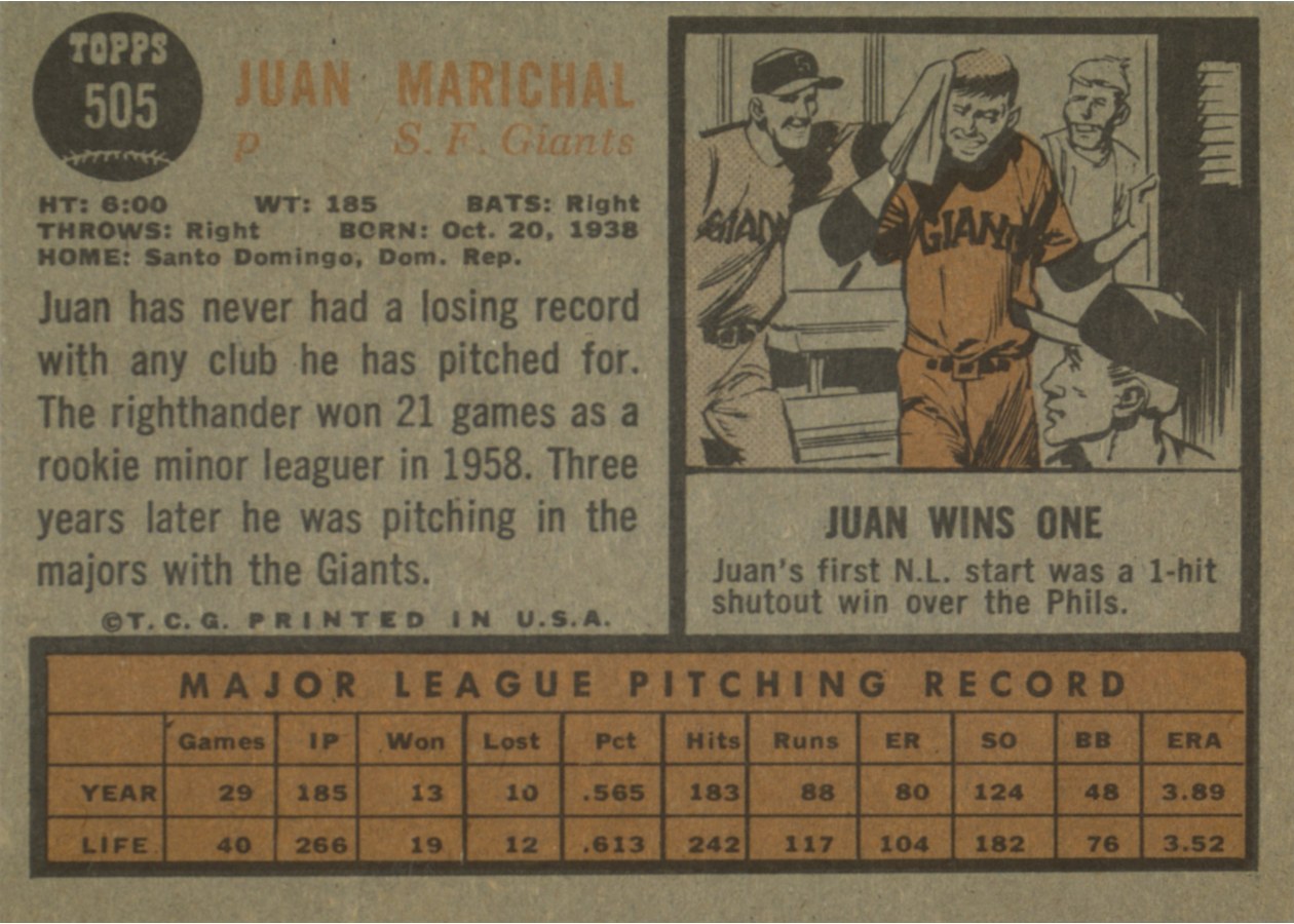 1962 Topps #505 Juan Marichal card back