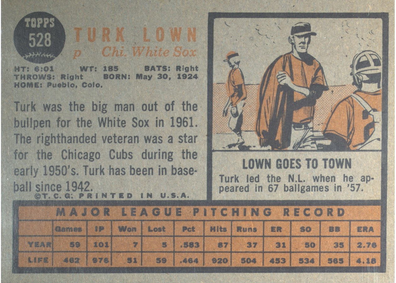 1962 Topps #528 Turk Lown card back