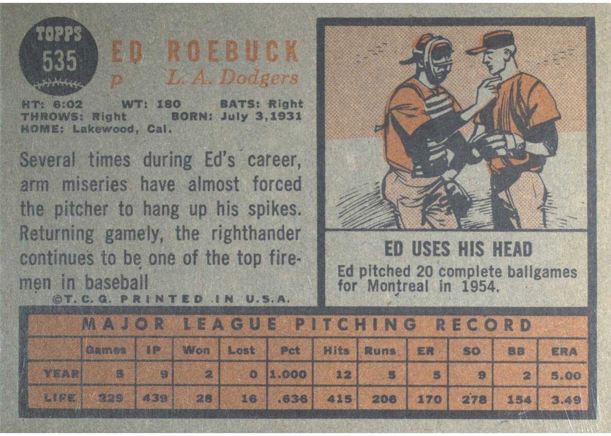 1962 Topps #535 Ed Roebuck card back