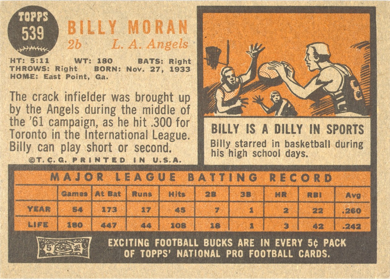 1962 Topps #539 Billy Moran card back