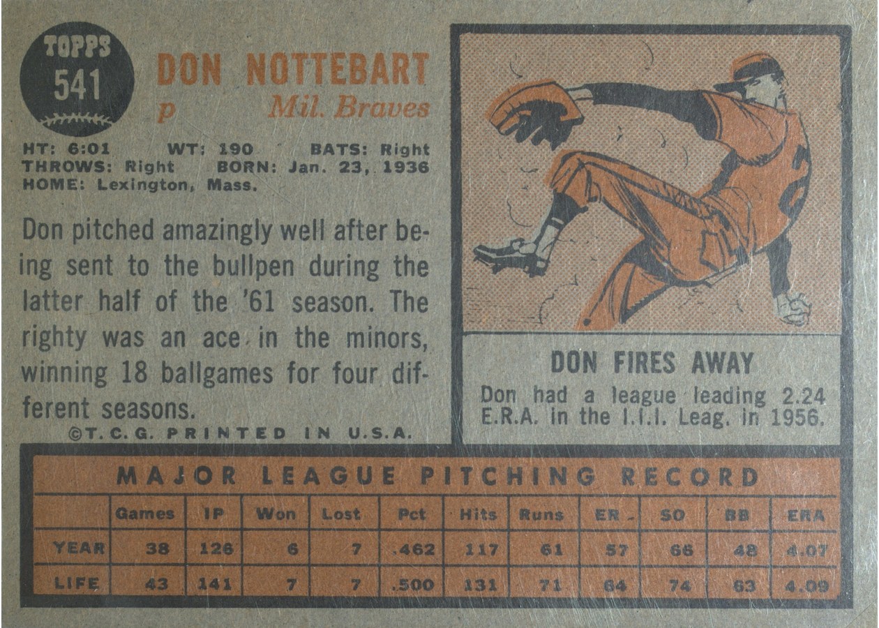 1962 Topps #541 Don Nottebart card back