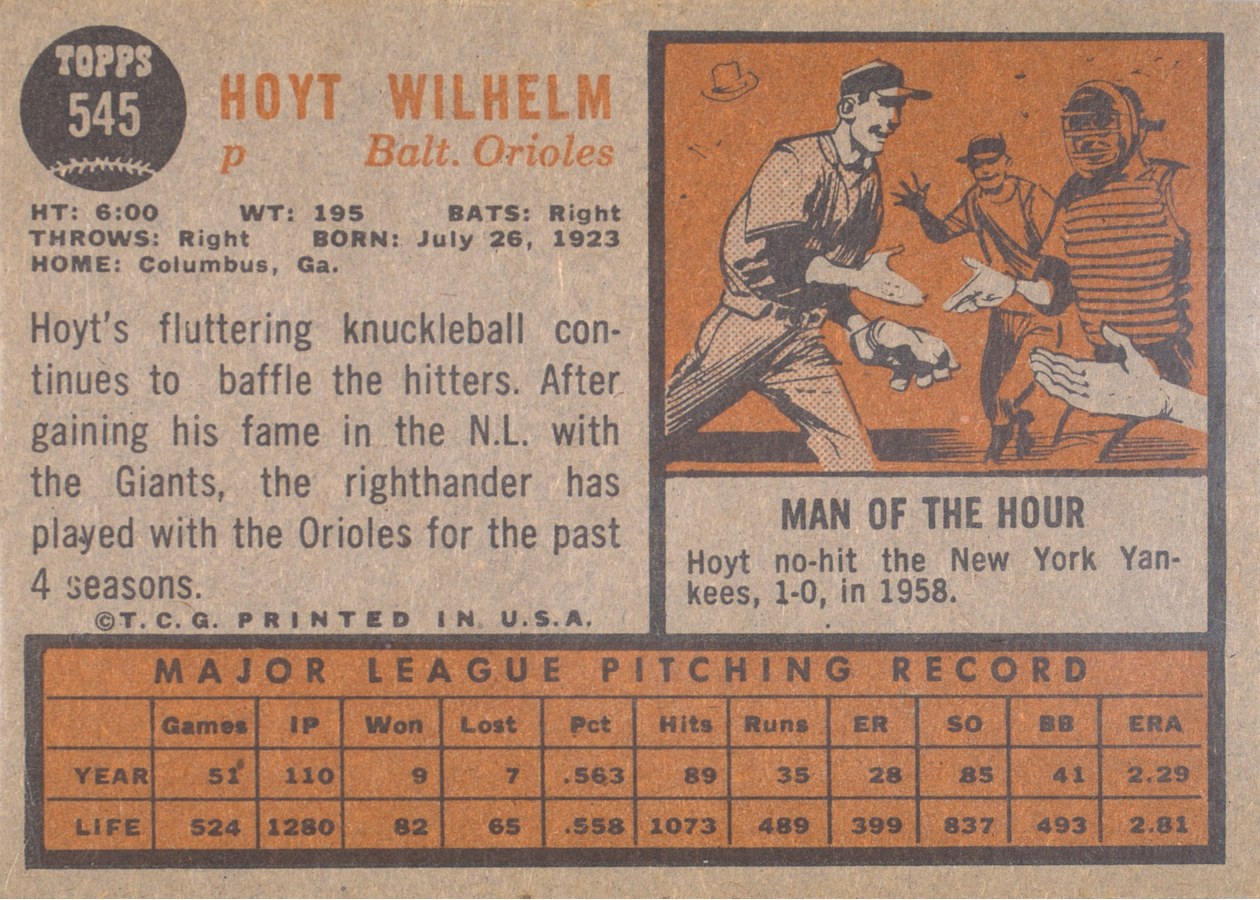 1962 Topps #545 Hoyt Wilhelm card back