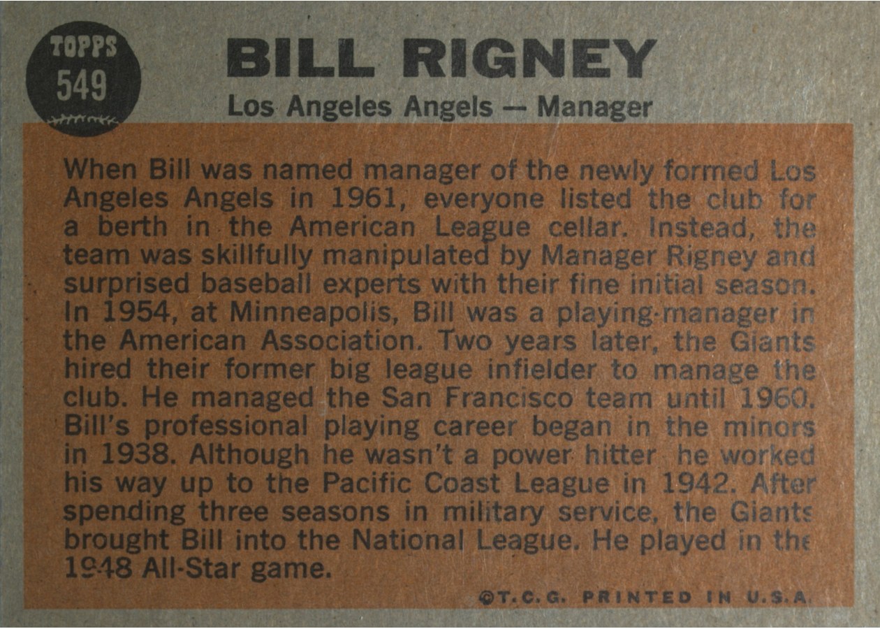1962 Topps #549 Bill Rigney card back