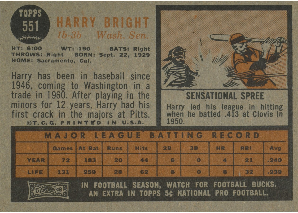 1962 Topps #551 Harry Bright card back