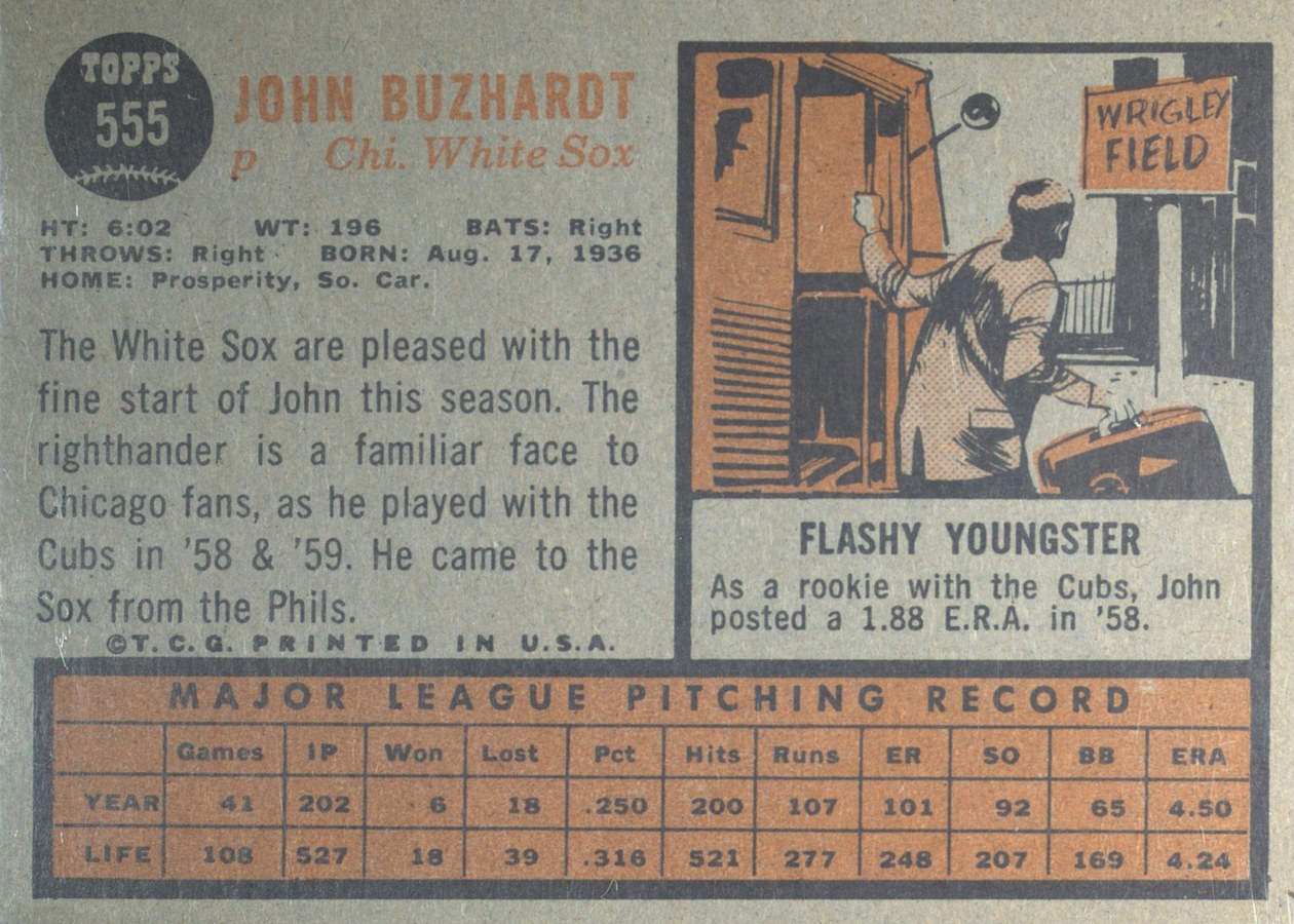 1962 Topps #555 John Buzhardt card back