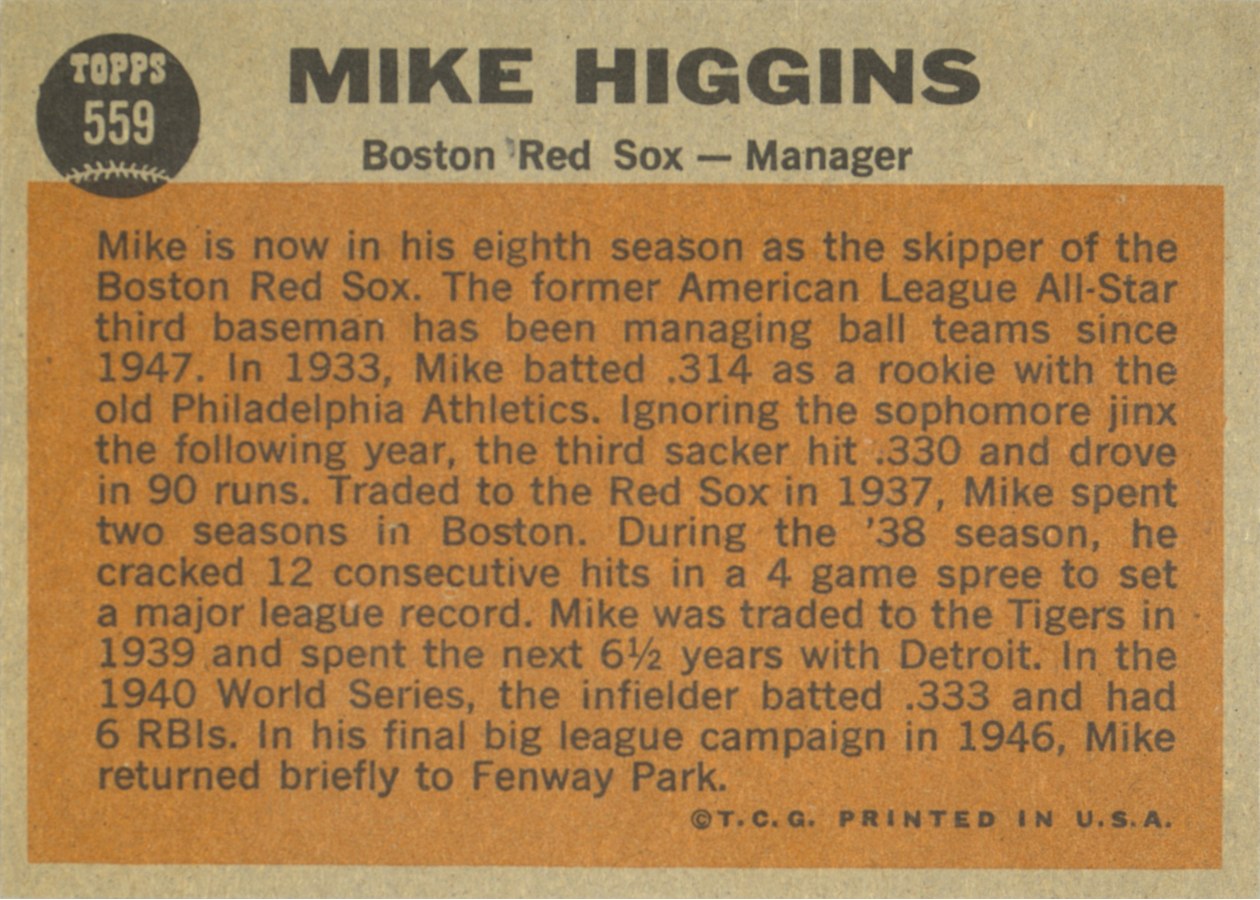 1962 Topps #559 Mike Higgins card back