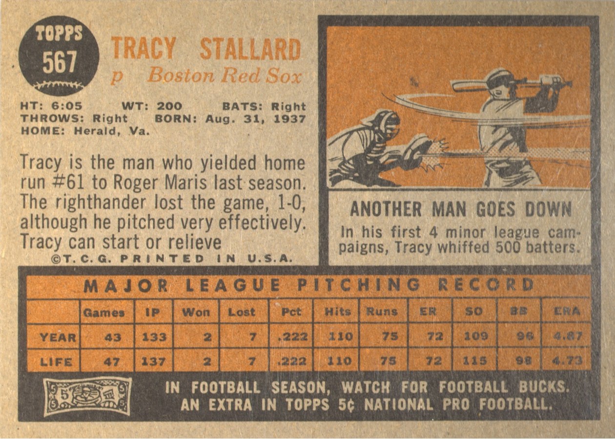 1962 Topps #567 Tracy Stallard card back