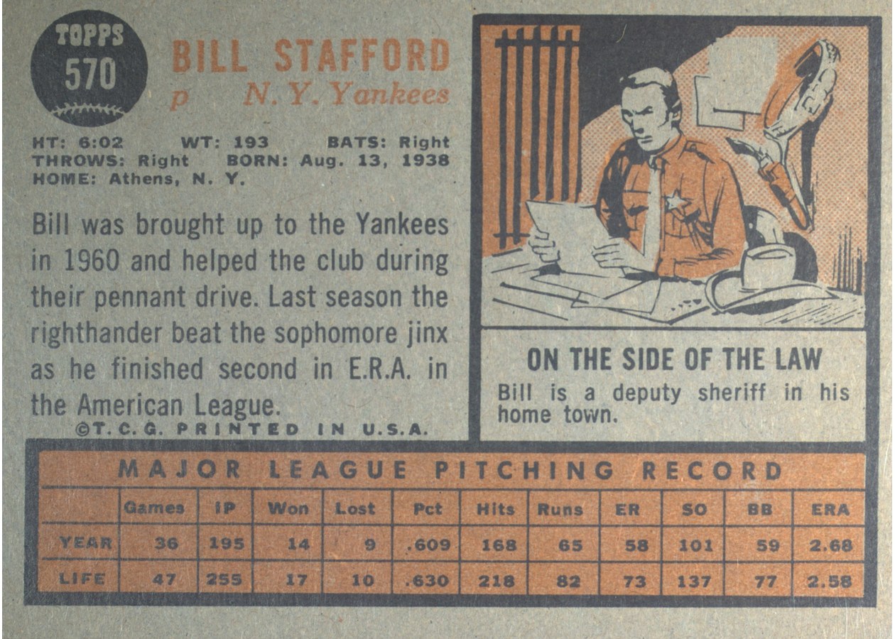 1962 Topps #570 Bill Stafford card back