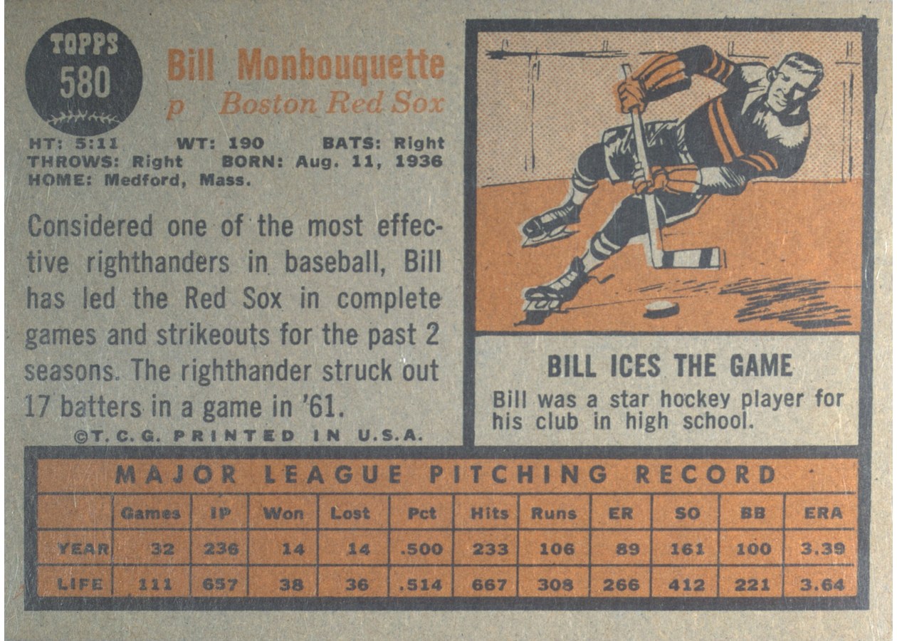 1962 Topps #580 Bill Monbouquette card back