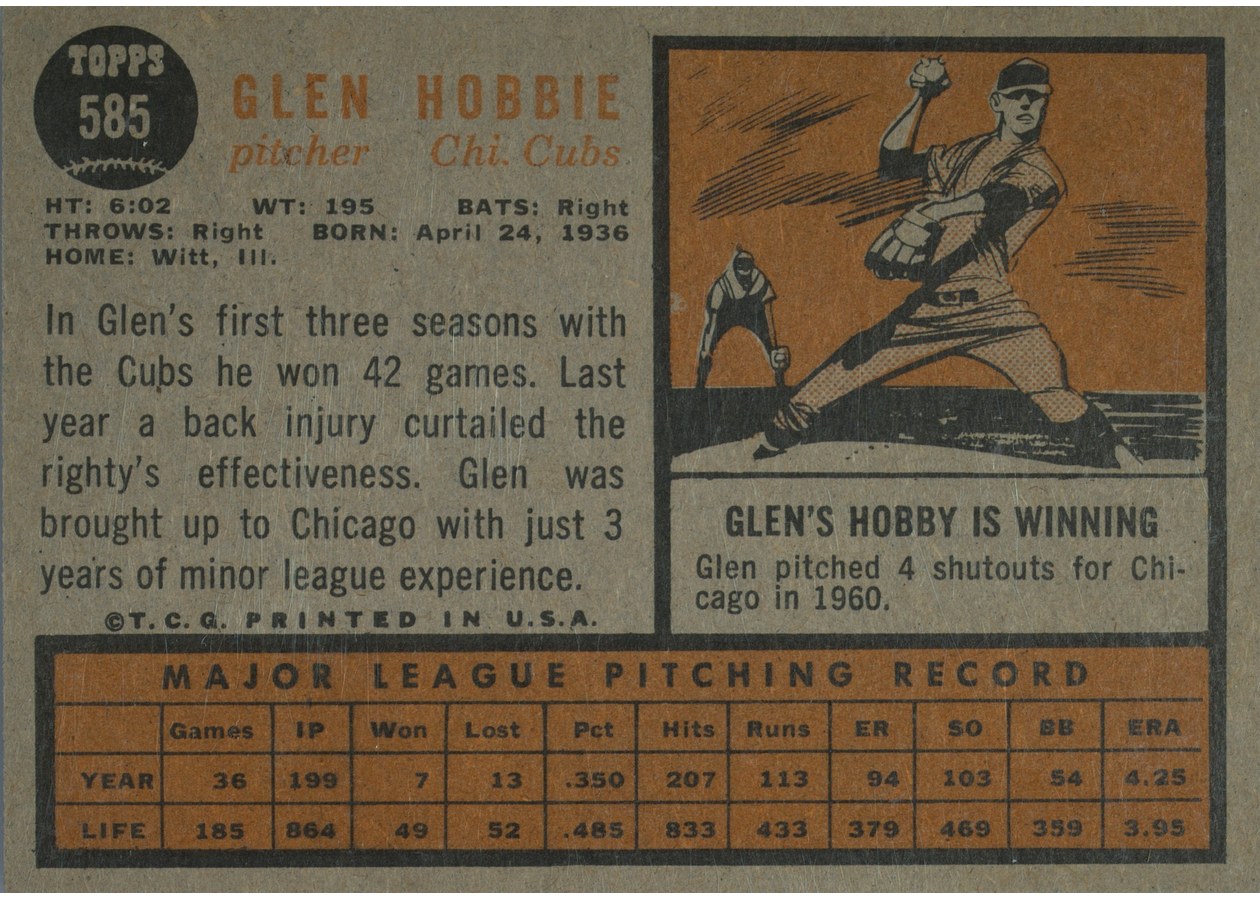 1962 Topps #585 Glen Hobbie card back